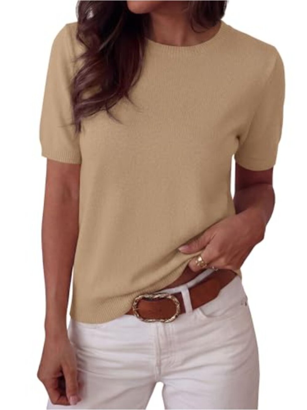 Loose Fit Short Sleeve Knit Sweater Women Crew Neck Lightweight Pullover
